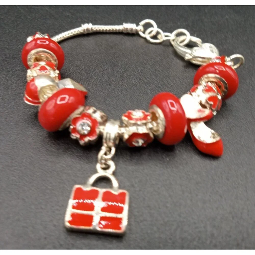 Charm Bracelet Beads Rhinestone Silver Tone Snake Chain Red Statement Jewelry - Picture 3 of 13